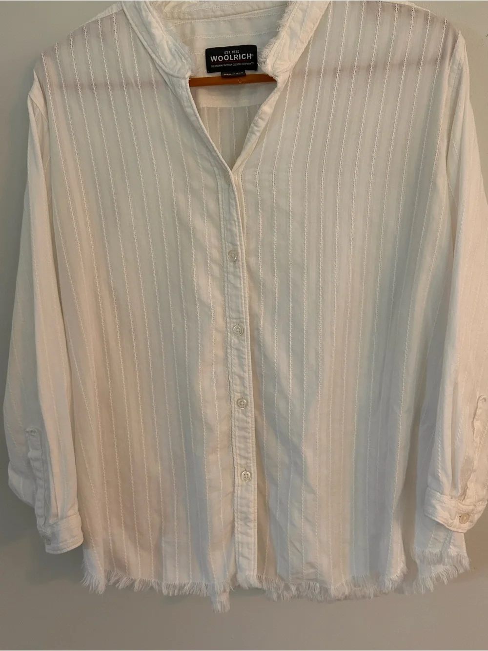Woolrich Women’s White Button-Front Shirt 100% cotton Raw edged collar/bottomXL - Picture 7 of 12
